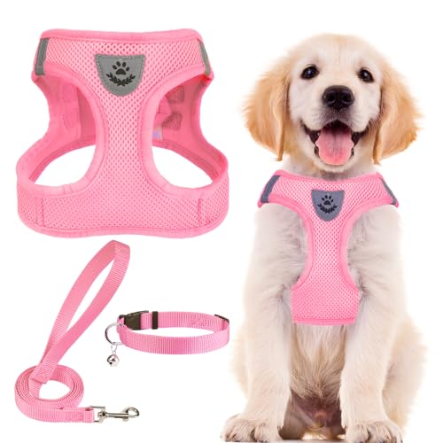 Dog Harness Collar and Leash Set No Pull for Small Medium Sized (Solid LightPink / S (CHEST 14.5"-16"))