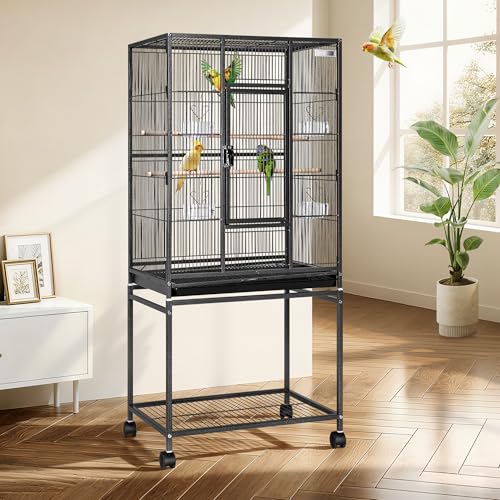 54 Inch Wrought Iron Large Bird Cage with Rolling Stand (Black)