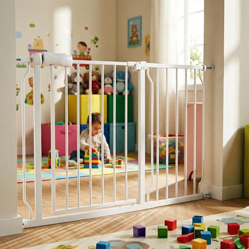 43.5 48 Inch Baby Gate Extra Wide Dog Gate Indoor for Stairs & Doorways (White / 43.5"-48"/110-122CM)