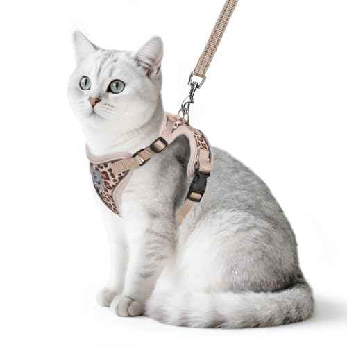 Cat Harness and Leash Set Escape Proof Reflective Cat Walking Harness Adjustable Soft Breathable Mesh Vest for Small Pets (M (NECK 11"-13.7", CHEST 16"-20") / Khaki Leopard Print)