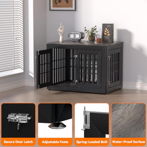 38" Heavy Duty Dog Crate Furniture for Large (37.4"L x 25.8"W x 27.4"H / Black+Grey)