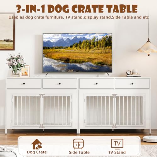 44 Inch Large Dog Crate Furniture with Storage Drawers (New White / 89"L x 23.6"W x 34.5"H)