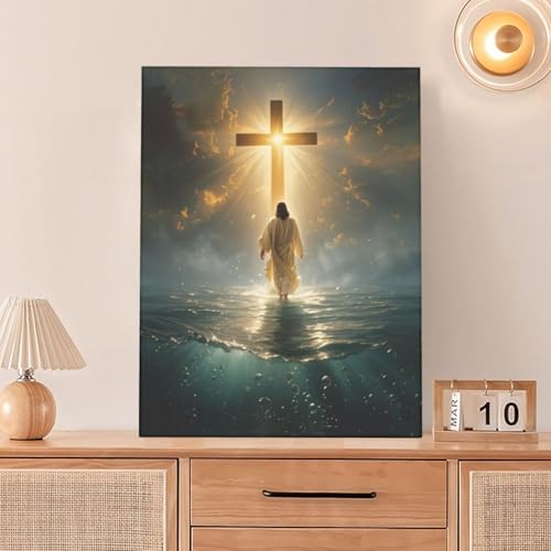 Jesus Wall Art Christian Jesus Walking on Water Pictures Wall Decor Christ Cross Pictures Canvas Religious Painting Print Framed Artwork Decorations Gifts for Living Room Bedroom Prayer Room Church 12"x16" (Jesus Cross / 16"L x 12"W)