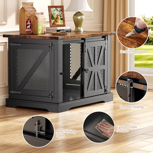43.3" Dog Crate Furniture with Sliding Doors for Large Dogs Up to 55 lbs (Black / 43.3"L x 31.5"W x 37.2"H)