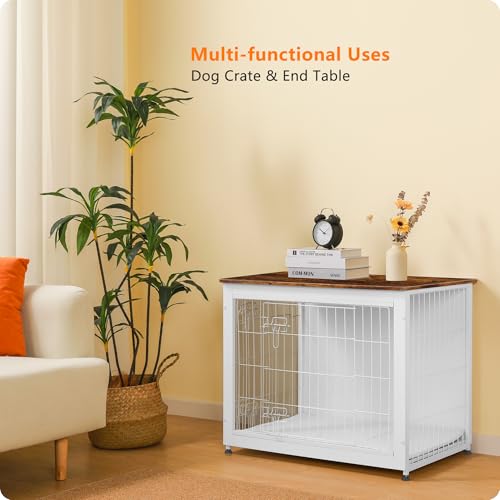 32.5" Dog Crate Furniture with Cushion (White+Rustic Brown / 32.5"L x 21.9"W x 25.6"H)
