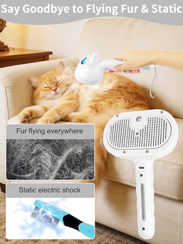 3 in 1 Dog Steam Brush with Storage Rope for Reducing Flying Fur & Static (White)