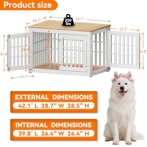 42" Heavy Duty Dog Crate Furniture for Large (42.1"L x 28.7"W x 28.5"H / White+Wood)