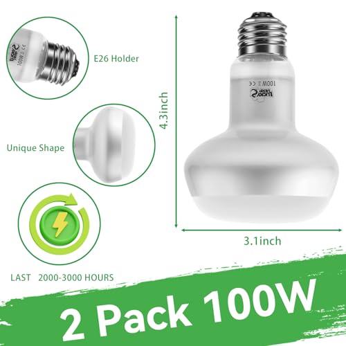 Intense Heat Lamp Bulbs for Reptiles 100W 2 Pack (Natural Basking Light Bulb / 100 Watts)