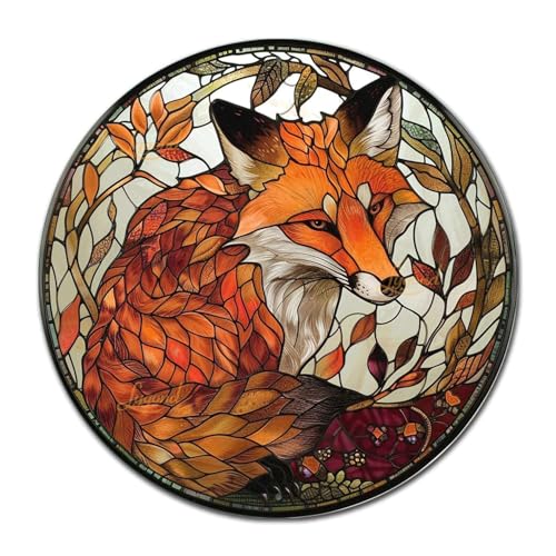 Metal Sign Tin Sign Circular Stained Glass Red Fox2 Gardening Sign for Yard 8×8 Inches (8×8 Inches / Red Fox-3)
