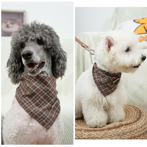 Adjustable Plaid Dog Bandanas (Dark Brown / Large)