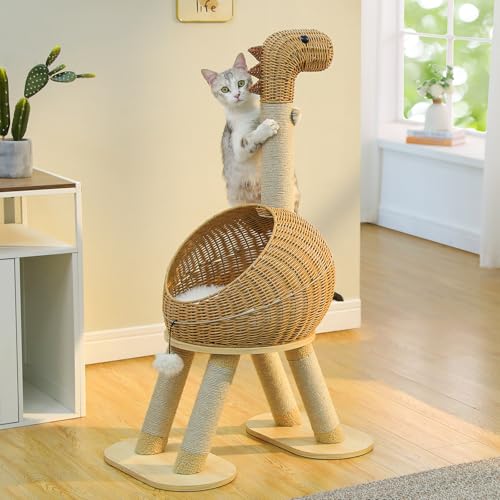 Dinosaur Cat Tree 46” Cat Scratching Posts with Large Rattan Bed (Dinosaur)