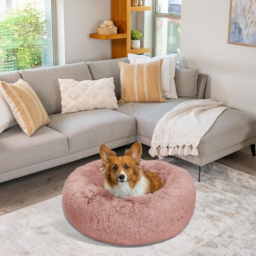 The Original Calming Donut Dog Bed for Medium Dogs up to 45 lbs (Dusty Rose Shag / Medium)
