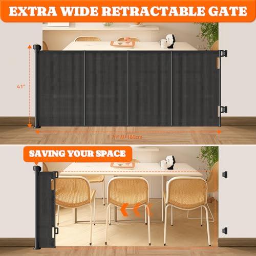 Retractable Baby Gates Extra Wide (Black / 41" Tall x 71" Wide)