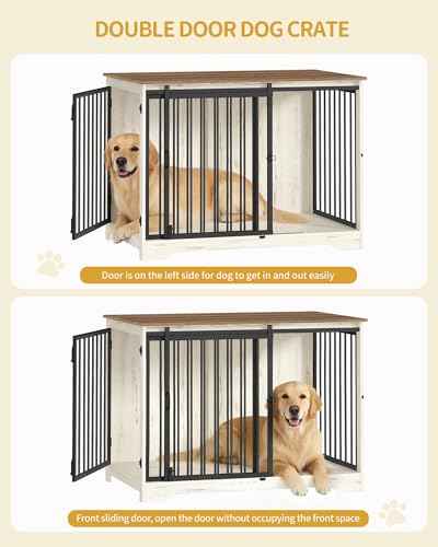 43.3" XL Dog Crate Furniture Indoor Dog Kennel with Barn Door (White Brown / 43.3"L x 27.5"W x 31.8"H)