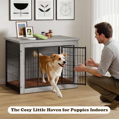 Wooden Dog Crate Furniture with Thick Cushion (M(23.6" x 22.1" x 25.3") / Grey)