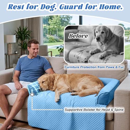Cooling Dog Bed Mat with Bolster Pillow Washable Dog Couch Cover Breathable Summer Pet Couch Bed Protector Indoor (Cooling Blue / 45.0"L x 37.0"W x 6.0"Th)