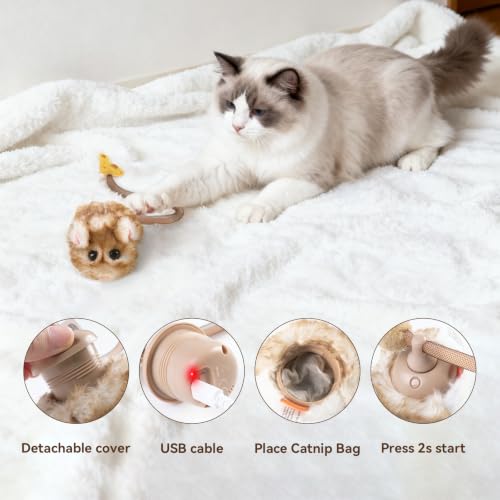 Interactive MigiMouse Cat Toy 360° Rolling & Spin with Mesh Plastic Tail for Indoor Cats Smart Motion Sensor