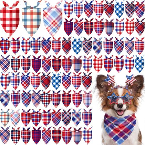 100 Pcs Veterans Day Dog Bandanas Bulk (Patriotic Plaid / 25.6 x 17.7 x 17.7 Inch)