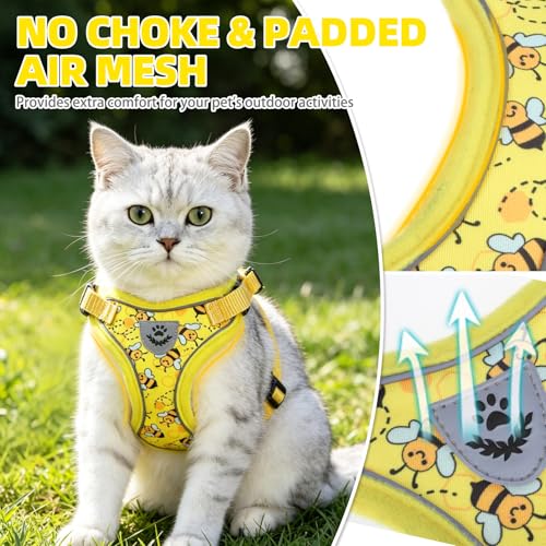 Cat Harness and Leash Set Escape Proof Reflective Cat Walking Harness Adjustable Soft Breathable Mesh Vest for Small Pets (S (NECK 9.5"-11", CHEST 13"-16") / Yellow Bee)