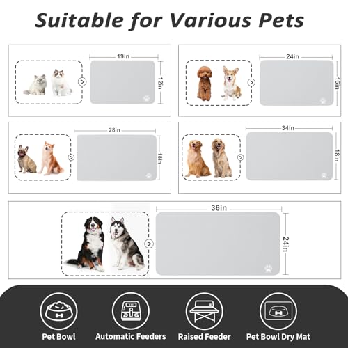 Dog Food Mat Absorbent Cat Mat for Food and Water (Paw Light Grey / 19"L x 12"W)