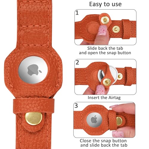 Leather Airtag Dog Collar (Orange / L, 17"-21" Neck Fit)