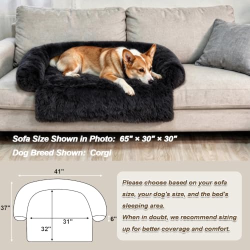 Calming Dog Bed Fluffy Plush Dog Mat for Furniture Protector with Removable Washable Cover for Large Medium Small Dogs and Cats (Black / 41.0"L x 37.0"W x 6.0"Th)