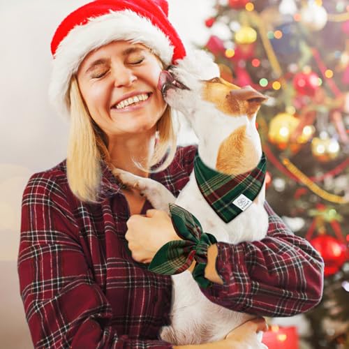 Christmas Dog Bandana & Matching Scrunchie Green Red Plaid Pet Dog Scarf Cute Dogs Costumes Accessories for Small Medium Large Dogs (green red plaid / Small-set of 1)