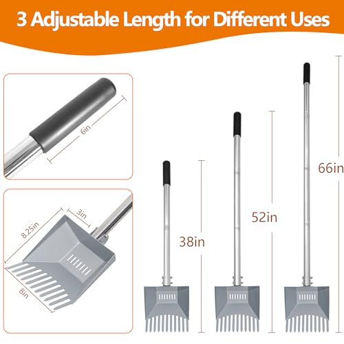 Heavy Duty Pooper Scooper 66in Tempered Spring Steel Scoop Long Stainless Steel Handle Dog Pooper Scooper for Large Dogs Outdoor Pet Waste Removal Shovel