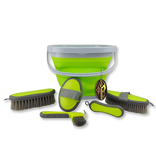 Collapsible Grooming Kit 10 Liter Bucket and 5 Grooming Tools (Lime Green)