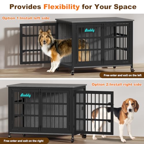 41"/32"/27" Dog Crate Furniture with Name Tag, Heavy Duty Dog Kennel Indoor for Medium Dogs, Double-Doors Sturdy Metal Dog Cage for Anxiety Dog, Decorate House as TV Stand, End Table (40.8"L x 29.3"W x 30.2"H / Dark Grey)
