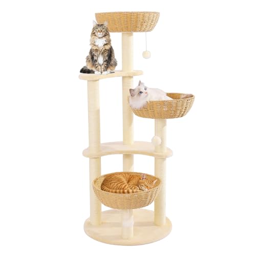 52 Inch Modern Cat Tree for Large Cats with Three Woven Basket Beds (2)