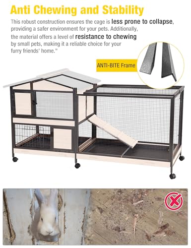 Rabbit Hutch Indoor Bunny Cage with Run Outdoor Rabbit House with Two Deeper No Leak Trays (Brown / 60.78"L x 22.6"W x 33.2"H)