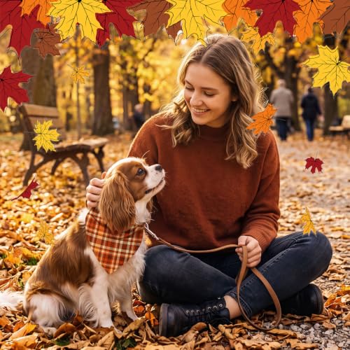 50 Pcs Fall Plaid Dog Bandanas Bulk Autumn Gingham Check Pattern (19.7 x 13.8 x 13.8 Inch / Fall Plaid)