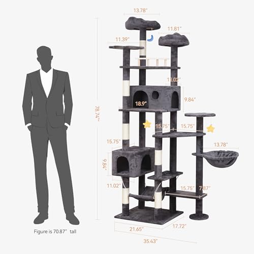 Cat Tree 79in Large Tower for Multiple Indoor Big Cats (Smoky Gray)