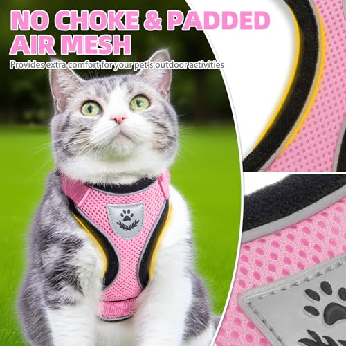 Cat Harness and Leash Set Escape Proof Reflective Cat Walking Harness Adjustable Soft Breathable Mesh Vest for Small Pets (S (NECK 9.5"-11", CHEST 13"-16") / Light Pink)