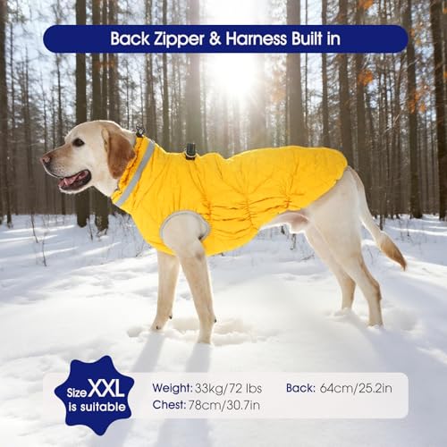 Dog Winter Coat Fleece Warm Large Dog Coat with Harness Built in (Yellow / XXL(chest:35in))