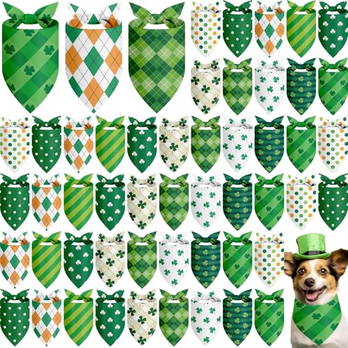 50 Pcs St Patricks Day Bandanas Bulk for Dogs Adjustable Irish Shamrocks Clover Green Plaid Triangle Soft Bibs Puppy Bandana for Small Medium Large Cat Pet Costume (St Patricks Day / 25.6 x 17.7 x 17.7 Inch)