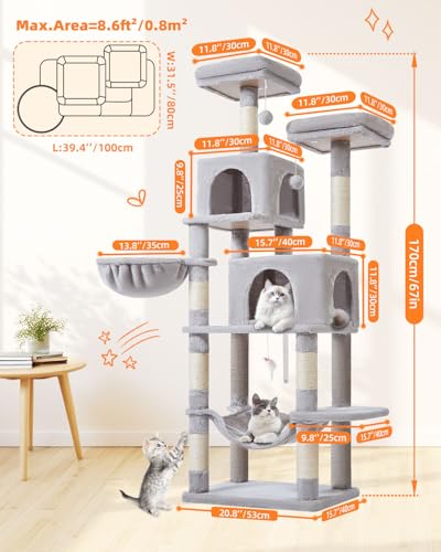 Cat Tree 66.2 in Tall Cat Tower with 2 Plush Cat Condos (67 inches / Light Gray)