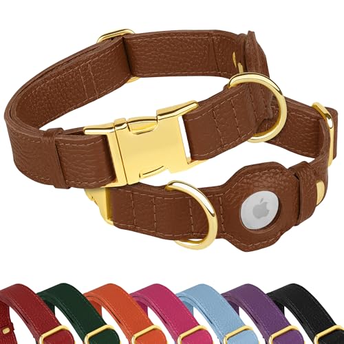 Leather Airtag Dog Collar (Brown / XL, 20"-25" Neck Fit)