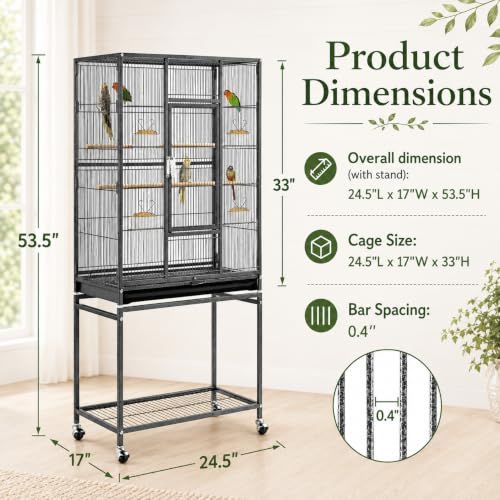 54 inch Wrought Iron Standing Large Parrot Parakeet Flight Bird Cage for Small Parrot Sun Parakeet Green Cheek Conure Lovebird Budgie Finch Canary Bird Cage with Stand (Hammertone Black)
