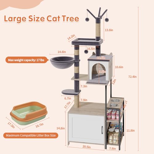 Cat Tree with Food Station and Litter Box Enclosure (Gray)