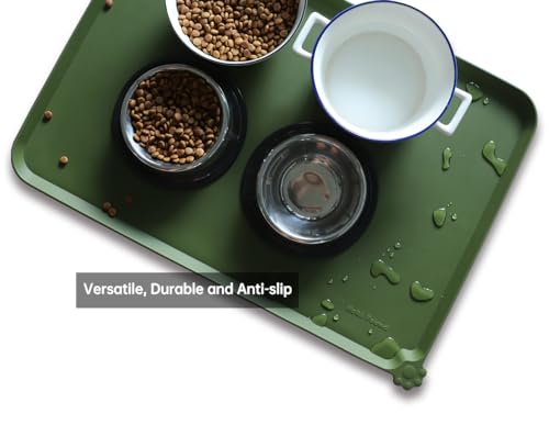 Large Silicone Non Slip Dog Cat Feeding Mats (24"L x 16"W / Dark Olive)