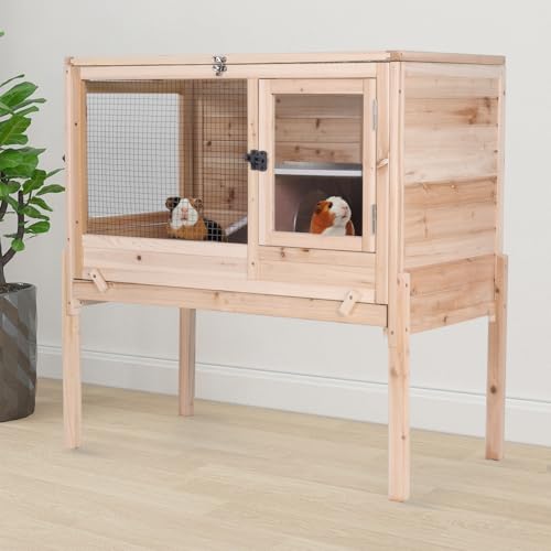 2 Story Indoor Rabbit Hutch Guinea Pig Cage with Stand ((Natural Wood) / 36.6"L x 19.6"W x 36.6"H)