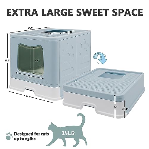 XL Foldable Cat Litter Box with Lid (Blue / X-Large)