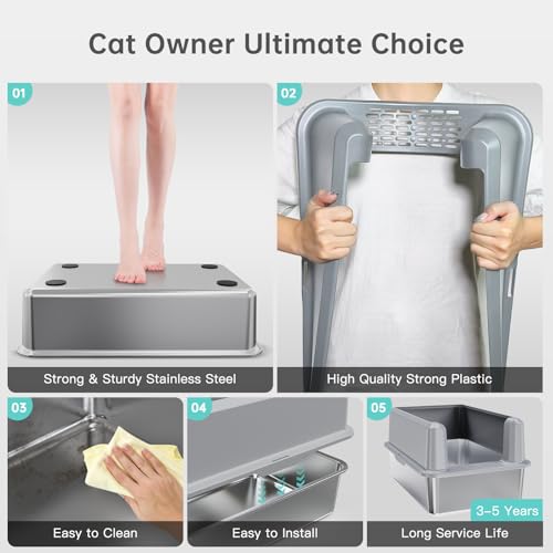 Enclosed Stainless Steel Cat Litter Box with Lid (SH-Light Gray)