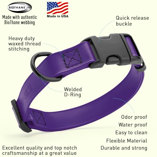 Biothane Waterproof Dog Collar with Quick Release Buckle Strong Coated Nylon Webbing with Odor (1"W by 15-25"L / Violet Purple)