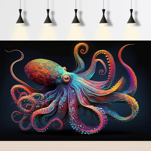 Exquisite Octopus Aquarium Background Abstract Colorful Octopus Terrarium Background Glowing Octopus on Black Background Fish Tank Backdrop Octopus Backdrops Poster Wallpaper Decors Vinyl 30x18in (30(W)x18(H)in / Cartoon Purple)