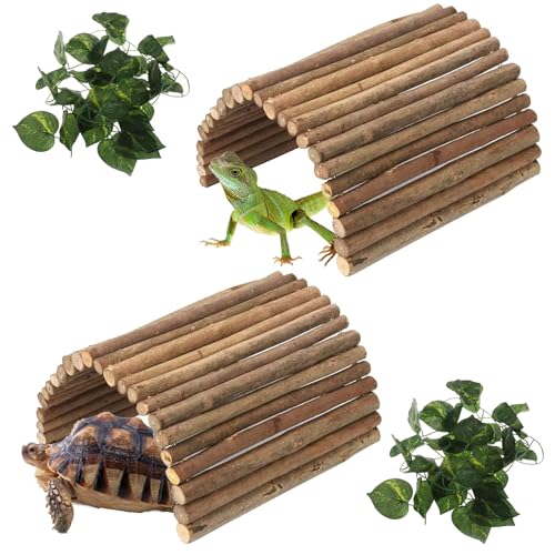 2 PCS Extra Large Wooden Reptile Hideout Bearded Dragon Bendy Bridge Climbing Ladder Hiding Hut Reptiles Hide Cave Habitat Decor for Lizards Gecko Spiders Snakes Tortoise