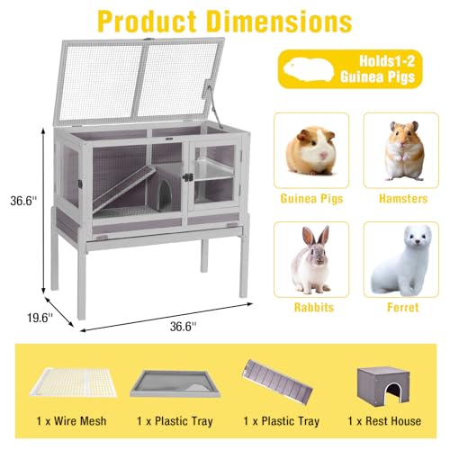 2 Story Indoor Rabbit Hutch Guinea Pig Cage with Stand ((Grey) / 36.6"L x 19.6"W x 36.6"H)