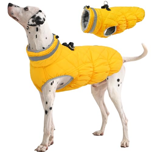 Dog Winter Coat Fleece Warm Large Dog Coat with Harness Built in (Yellow / XL(chest:30in）)